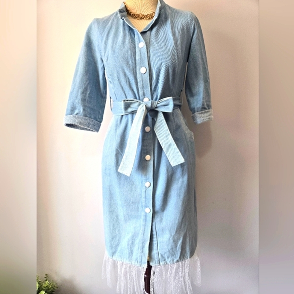 RINARI Light Wash Blue Denim Button-Down Dress With Lace. Size Small - Picture 1 of 12